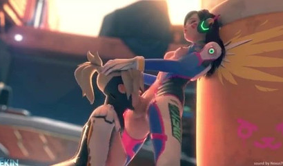 Hermaphrodite D.Va hard fucks blonde Mercy in the throat, animated porn Overwatch