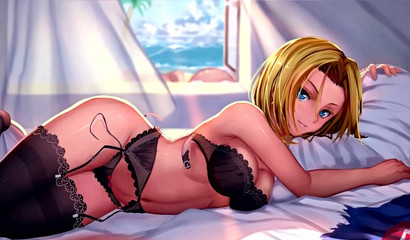 Sexy blonde in stockings Android 18 seduces naked body in the bedroom