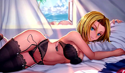 Sexy blonde in stockings Android 18 seduces naked body in the bedroom