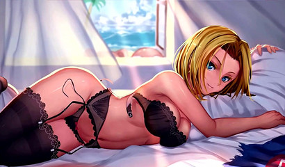 Sexy blonde in stockings Android 18 seduces naked body in the bedroom