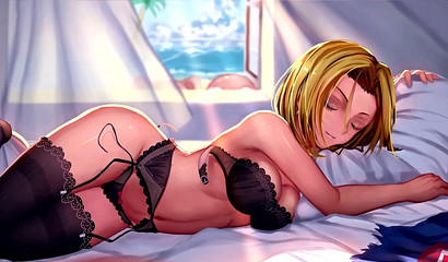 Sexy blonde in stockings Android 18 seduces naked body in the bedroom