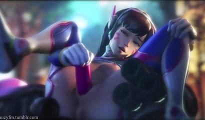 Nymphomaniac D.Va thrusts a big dildo into herself, Overwatch porn