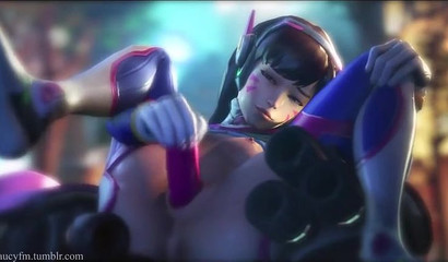 Nymphomaniac D.Va thrusts a big dildo into herself, Overwatch porn