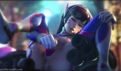 Nymphomaniac D.Va thrusts a big dildo into herself, Overwatch porn