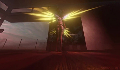 Blonde Mercy fucked standing up and filled with cum wet pussy, porn cartoon Overwatch