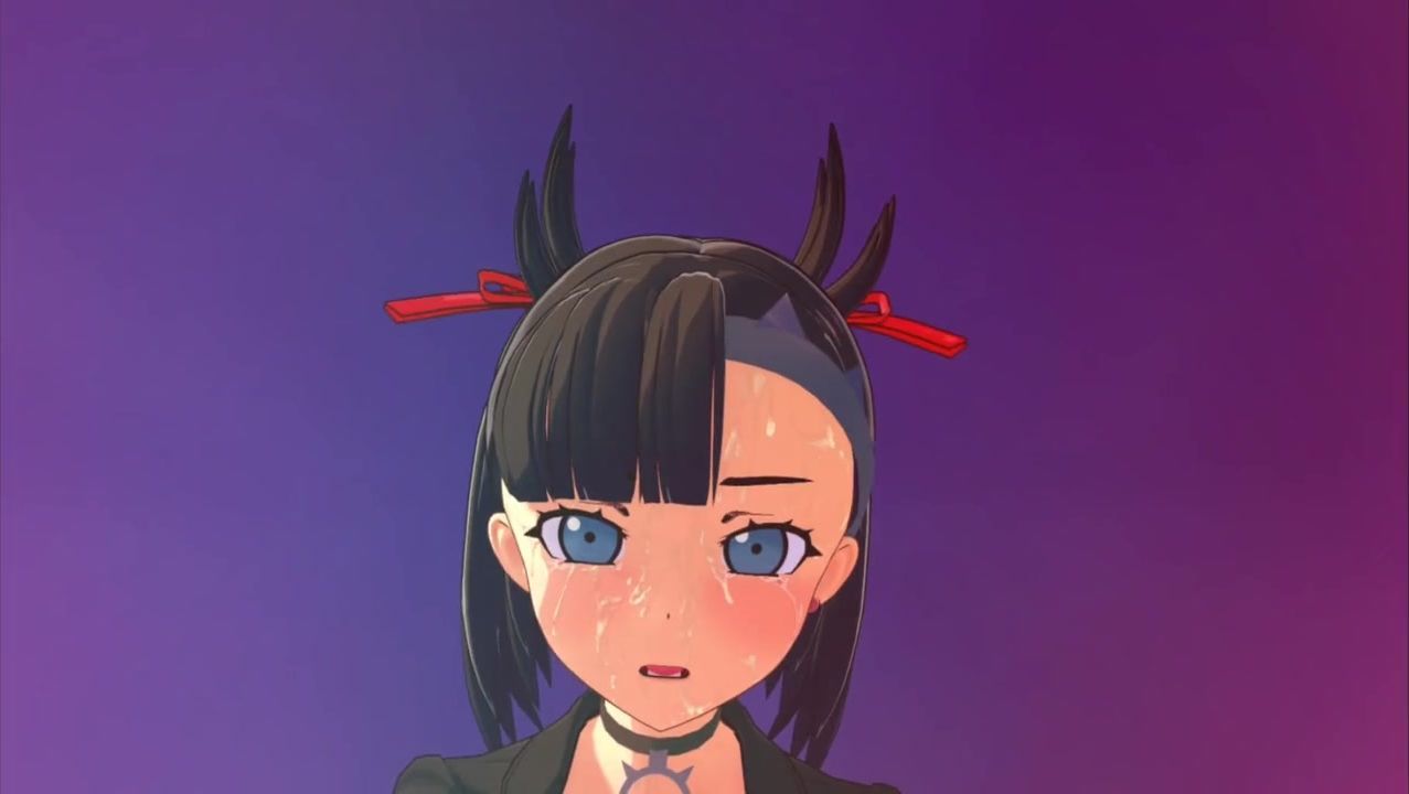 Das dunkelhaarige Mädchen Marnie aus dem Cartoon Pokemon reitet auf einem  Schwanz