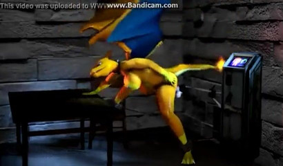A man tied to a chair fucks with a female Chirizard from Pokemon