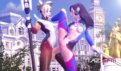 Hermaphrodite Mercy and brunette D.Va having sex Standing up, Overwatch porn