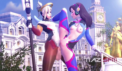 Hermaphrodite Mercy and brunette D.Va having sex Standing up, Overwatch porn