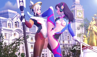 Hermaphrodite Mercy and brunette D.Va having sex Standing up, Overwatch porn