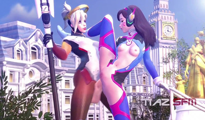 Hermaphrodite Mercy and brunette D.Va having sex Standing up, Overwatch porn