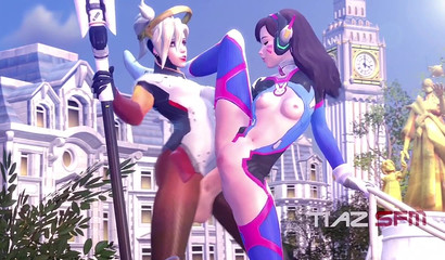 Hermaphrodite Mercy and brunette D.Va having sex Standing up, Overwatch porn