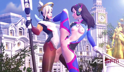 Hermaphrodite Mercy and brunette D.Va having sex Standing up, Overwatch porn