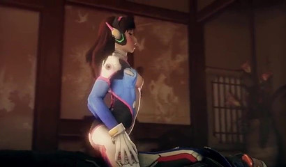 Brunette D.Va from Overwatch rides a dick and gets a creampie