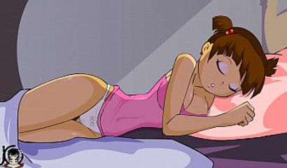 The monster from the closet jerks off the penis and cums on the sleeping beauty