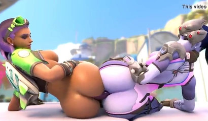 Lesbian Widowmaker and Sombra share one dildo in anal sex