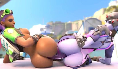 Lesbian Widowmaker and Sombra share one dildo in anal sex