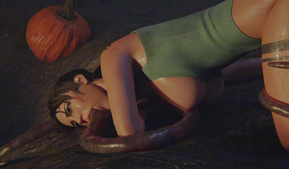 Mutated tentacles fuck Lara Croft in mouth and ass on the pumpkin field