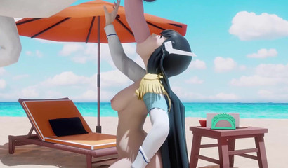 Ahegao slut banged by a horse cock on a sizzling beach