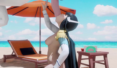 Ahegao slut banged by a horse cock on a sizzling beach