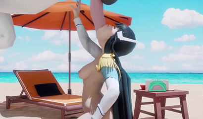 Ahegao slut banged by a horse cock on a sizzling beach