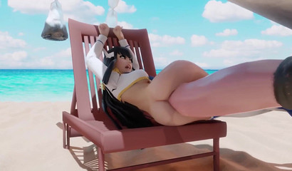 Ahegao slut banged by a horse cock on a sizzling beach