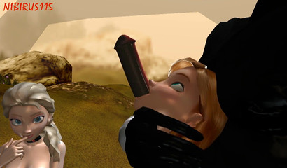 Elsa and Anna impaled on an enormous horse cock