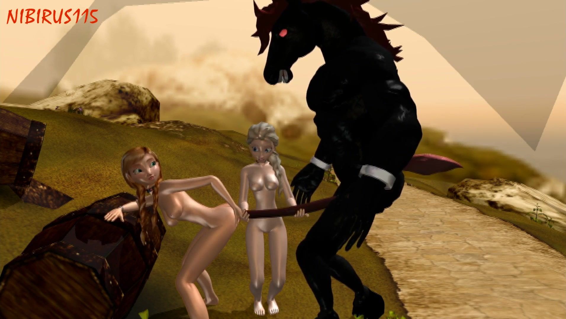 Hentai Impaled On Dick - Elsa and Anna impaled on an enormous horse cock
