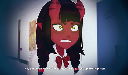 Depraved Succubus has fun with four cocks at school