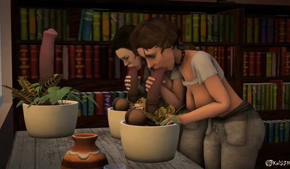 Elizabeth Comstock and Miranda Lawson gorging  on horse shafts