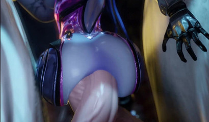 Widowmaker enjoys double anal penetration with 2 horses