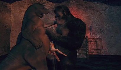 Two goblin cocks destroy tiny 3D chick