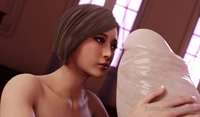 Dominant futa Lady Dimitrescu gets her cock worshiped by slave girls