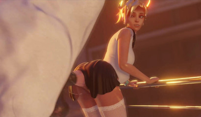 Blonde in a short skirt Mercy fucks a horse's dick on the stairs