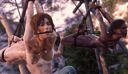 Slave girls Lara & Sheva get their holes holes in a 3D bondage 3some