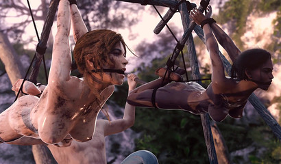 Slave girls Lara & Sheva get their holes holes in a 3D bondage 3some