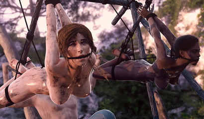 Slave girls Lara & Sheva get their holes holes in a 3D bondage 3some