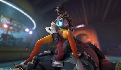 Tracer impales her 3D cunt on gigantic cock