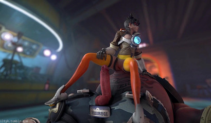 Tracer impales her 3D cunt on gigantic cock