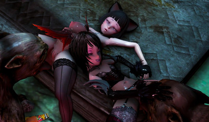 Busty 3D cat girls take huge monster cocks in a gangbang