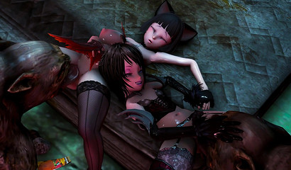 Busty 3D cat girls take huge monster cocks in a gangbang