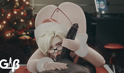 Blonde Mercy sucks balls and jerks off a black dick, 3d porn from the first person