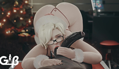 Blonde Mercy sucks balls and jerks off a black dick, 3d porn from the first person