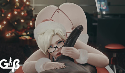 Blonde Mercy sucks balls and jerks off a black dick, 3d porn from the first person