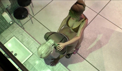 Girlfriends with futanari dicks had anal sex in a public toilet