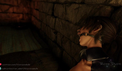 Ball-gagged Lara Croft getting face fucked in the dungeon