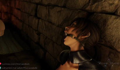 Ball-gagged Lara Croft getting face fucked in the dungeon