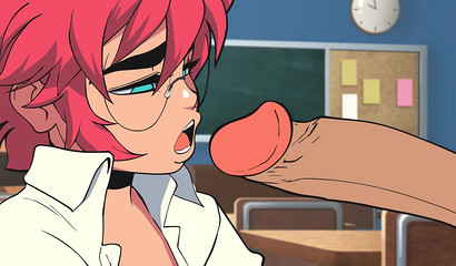 Anime nerdy Maxine blowing a monster cock