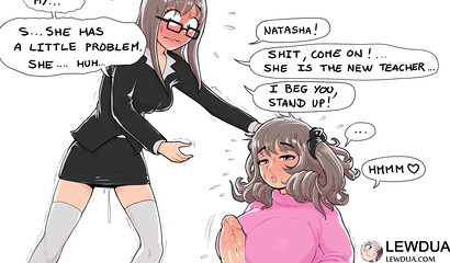 Busty anime teacher takes two rods before class