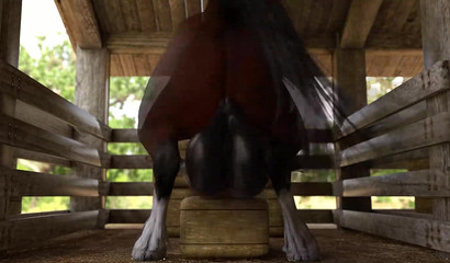 Stallion shakes his huge balls while screwing a 3d babe in the barn